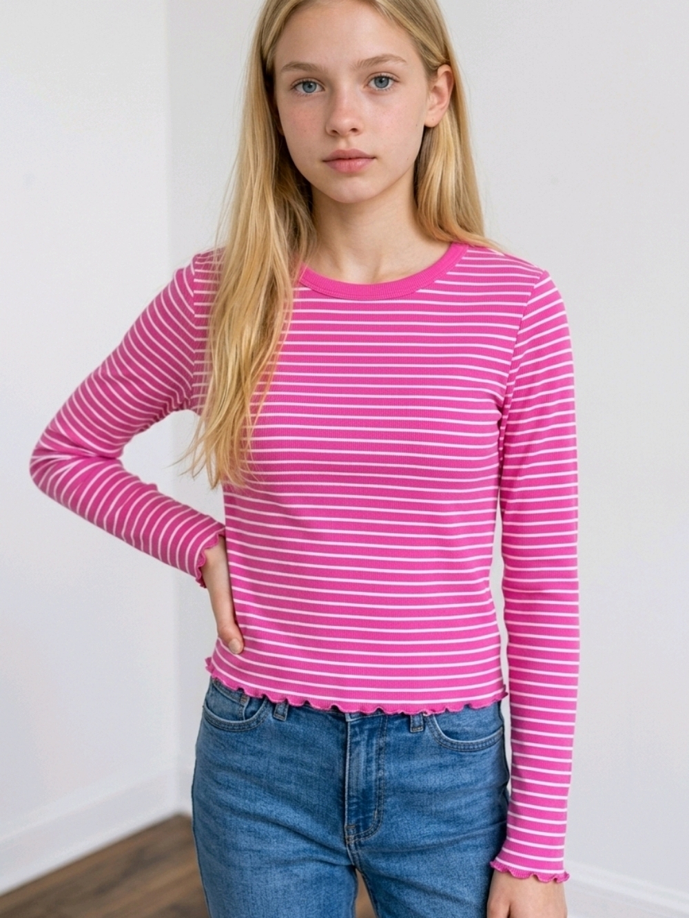 NWT Thereabouts Striped Pink and White Girl's Ribbed Top ~sz XL 18.5 Plus Size